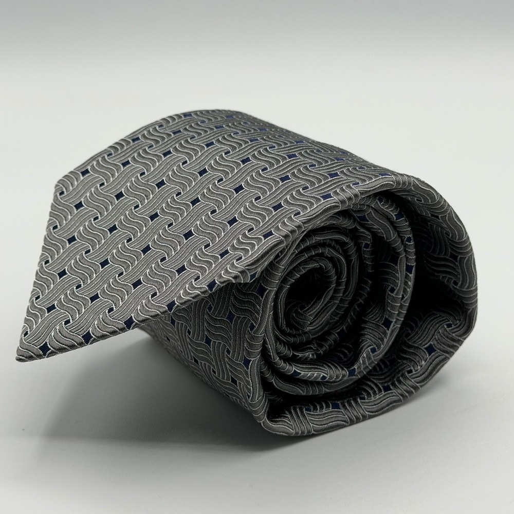 Jos A Bank Signature Collection Silk Tie Grey Silver Navy Blue Geometric Weave